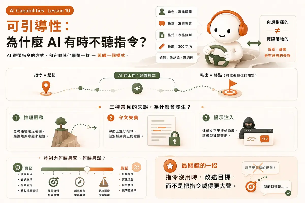 AI Capabilities Lesson 10：可引導性，為什麼 AI 有時不聽指令？