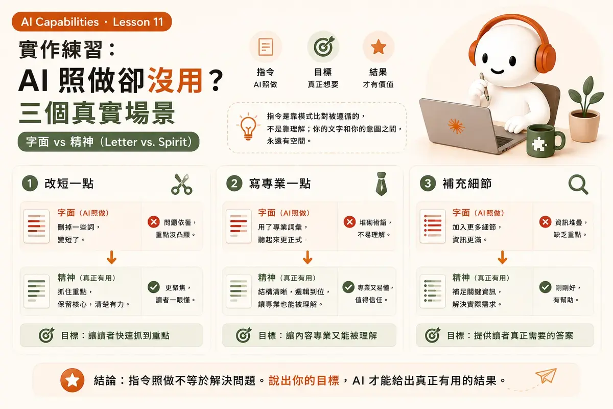 AI Capabilities Lesson 11：實作練習，AI 照做卻沒用？三個真實場景